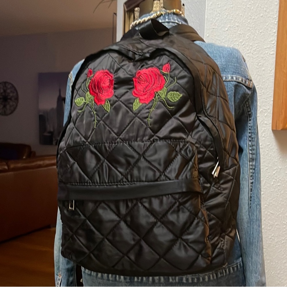 Embroidered Roses Black Quilted Backpack - Picture 3 of 16